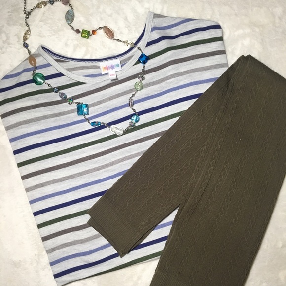LuLaRoe Neutral Grey Olive Striped Irma Tunic Tee - Picture 1 of 5